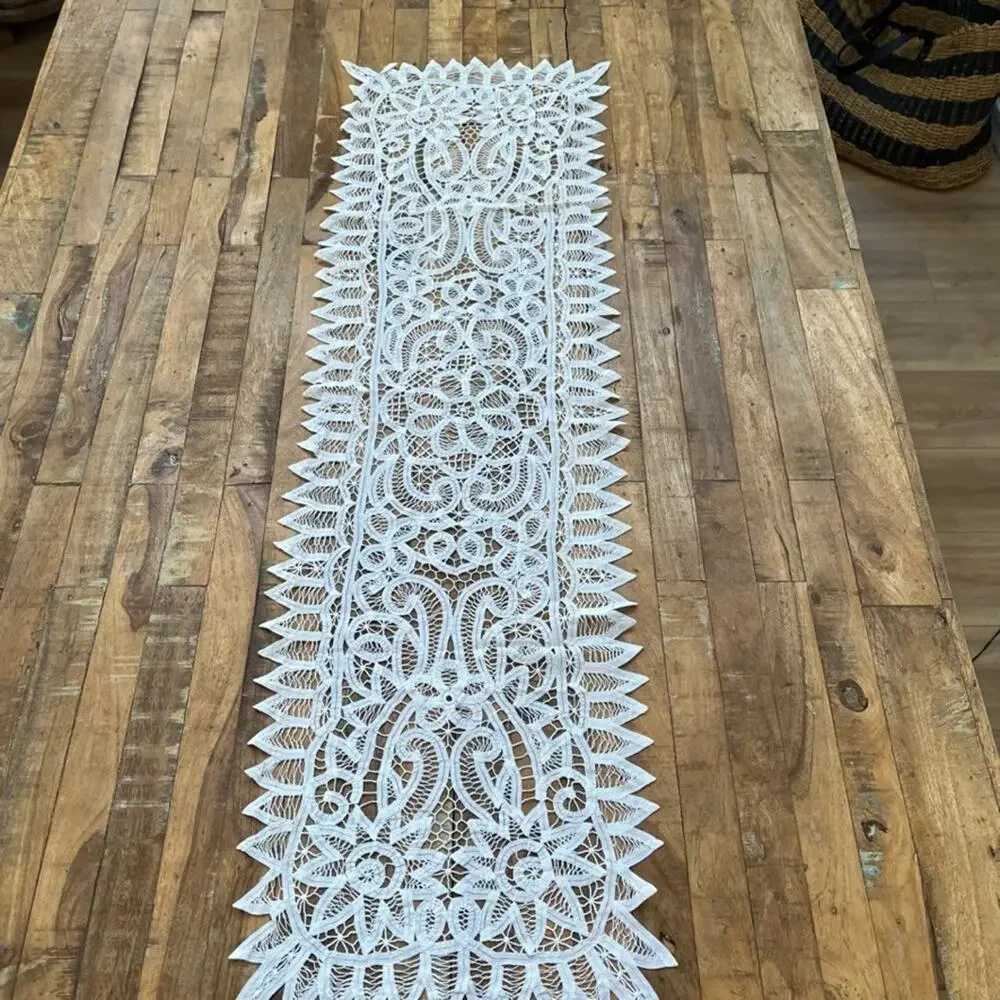 Vintage Table Runner 14 x 46.5 in White Battenburg Lace Intricate Floral Spike